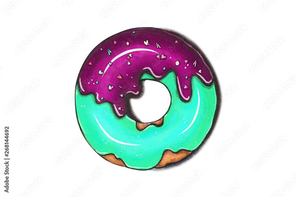 Hand drawn illustration - tasty donuts. Sketch on white isolated background. Sweet desserts. Perfect for leaflets, cards, posters, prints, menu, booklets Hand drawn illustration - tasty donuts. Sketch on white isolated background. Sweet desserts. Perfect for leaflets, cards, posters, prints, menu, booklets