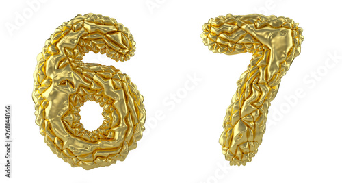Number set 6, 7 made of crumpled foil. Collection symbols of crumpled gold foil isolated on white background.