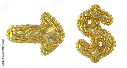 Symbol collection arrow and dollar made of realistic 3d render crumpled gold foil. Collection of crumpled foil symbol isolated on white