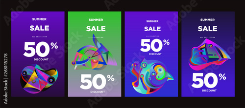 Vector summer sale 50  discount with fluid colorful background. Summer banner  website  poster  and sales promotion background set.