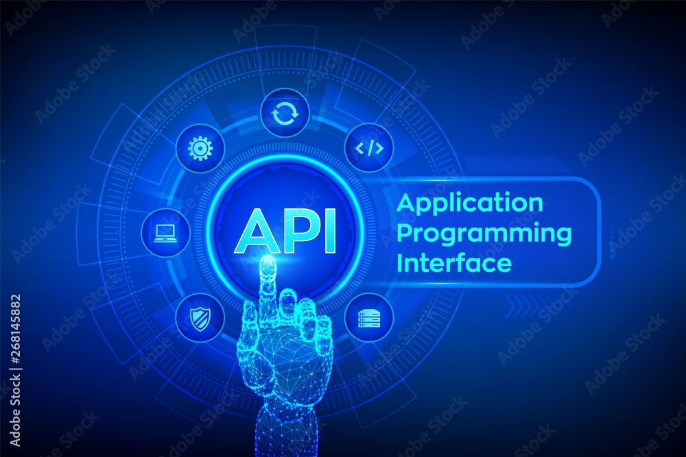 API. Application Programming Interface, software development tool, information technology and business concept on virtual screen. Robotic hand touching digital interface. AI. Vector illustration.