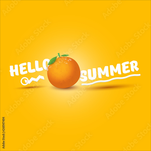 Vector Hello Summer label or flyer Design template with fresh orange fruit isolated on orange background. Hello summer concept label or poster with fruit and letternig text photo