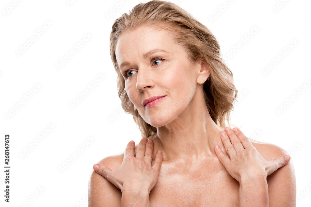 beautiful nude middle aged woman with clean face Isolated On White