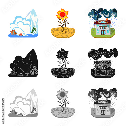 Vector illustration of weather and distress icon. Set of weather and crash stock vector illustration.