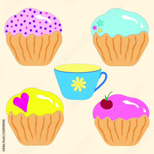 Culinary drawn set of desserts, various cupcakes and a cup of tea, Easter cake