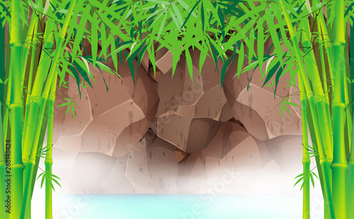 landscape of hot spring in the bamboo forest on the rock mountain