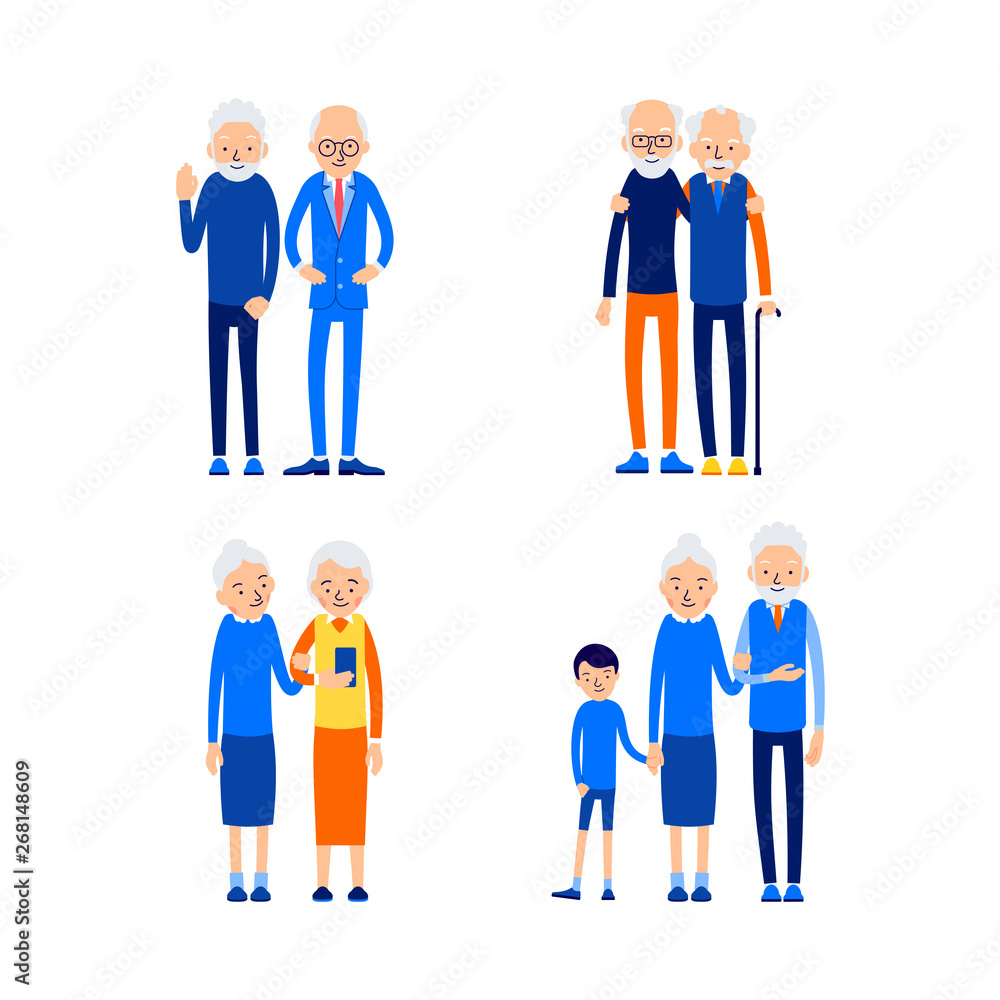 Set in modern style. Happy couple. Love, relationship, romance concept. Cheerful aged people outdoors. Senior couple smiling. Illustration of people characters isolated on white background in flat Set in modern style. Happy couple. Love, relationship, romance concept. Cheerful aged people outdoors. Senior couple smiling. Illustration of people characters isolated on white background in flat