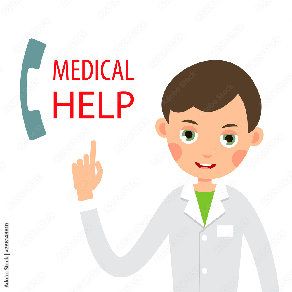 Calling doctor. Call a doctor by phone. Medical consultation by telephone. Doctor on call. Emergency on phone. Healthcare & medical concept. Illustration isolated on white background in flat Calling doctor. Call a doctor by phone. Medical consultation by telephone. Doctor on call. Emergency on phone. Healthcare & medical concept. Illustration isolated on white background in flat