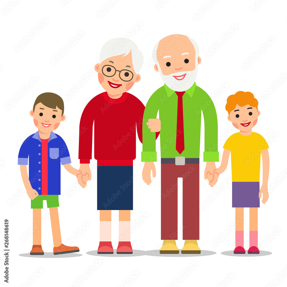 Fototapeta premium Old couple and children. Happy children and grandparents. Happy family concept. Grandmother and grandfather stand by and hold hands grandchildren. Illustration isolated on white background in flat