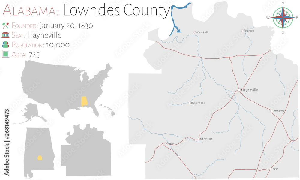 Fototapeta premium Large and detailed map of Lowndes county in Alabama, USA