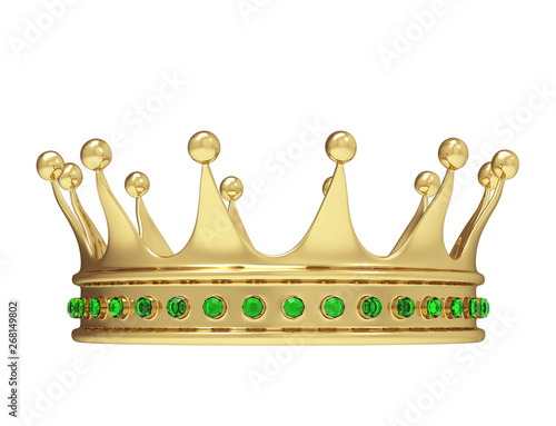 Shiny gold crown decorated with green precious gems