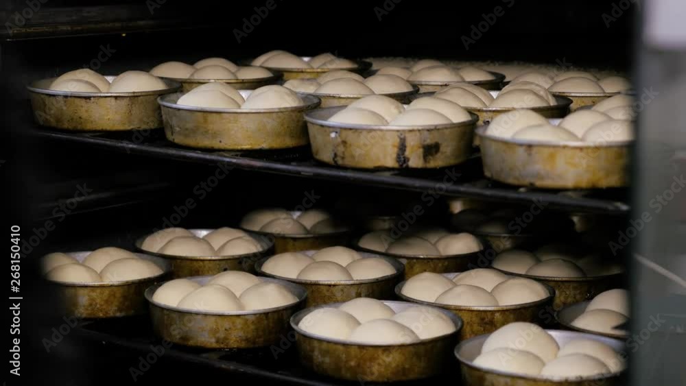 A professional baker putting a tray full of buns into the oven for baking. Baking bread in industrial restaurant kitchen. A professional baker putting a tray full of buns into the oven for baking. Baking bread in industrial restaurant kitchen.