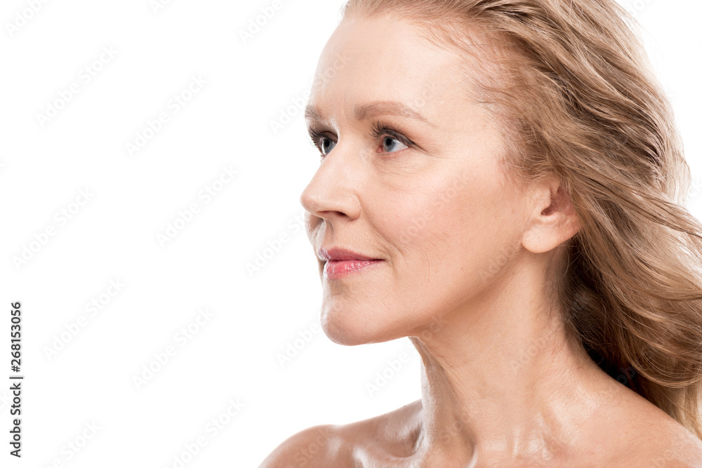 beautiful middle aged woman with clean face Isolated On White with copy space beautiful middle aged woman with clean face Isolated On White with copy space