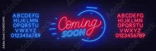 Coming soon neon sign on brick wall background. Template for design. Neon alphabet .Vector illustration.