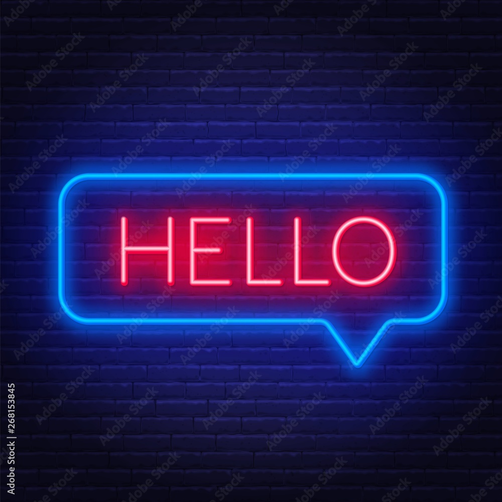 Neon sign of word hello in speech bubble frame on dark background. Light banner on the wall background. Neon sign of word hello in speech bubble frame on dark background. Light banner on the wall background.