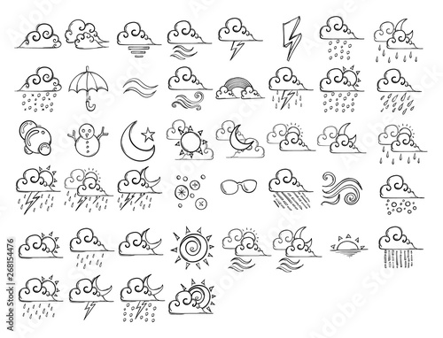 Set of Weather icons Drawing illustration Hand drawn doodle Sketch line vector eps10