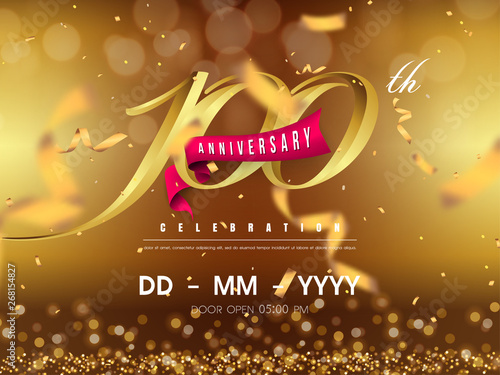 100 years anniversary logo template on gold background. 100th celebrating golden numbers with red ribbon vector and confetti isolated design elements
