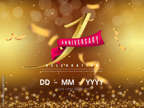 1 years anniversary logo template on gold background. 1st celebrating golden numbers with red ribbon vector and confetti isolated design elements