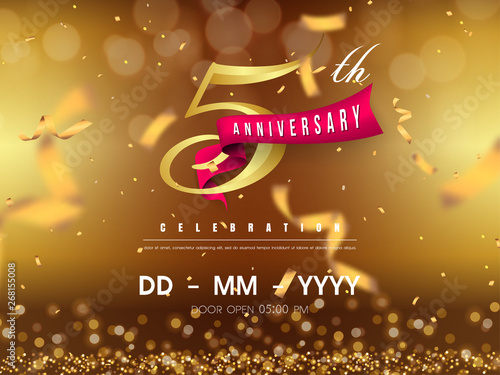 5 years anniversary logo template on gold background. 5th celebrating golden numbers with red ribbon vector and confetti isolated design elements