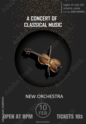 Poster for a concert of classical music with violin on the black background.