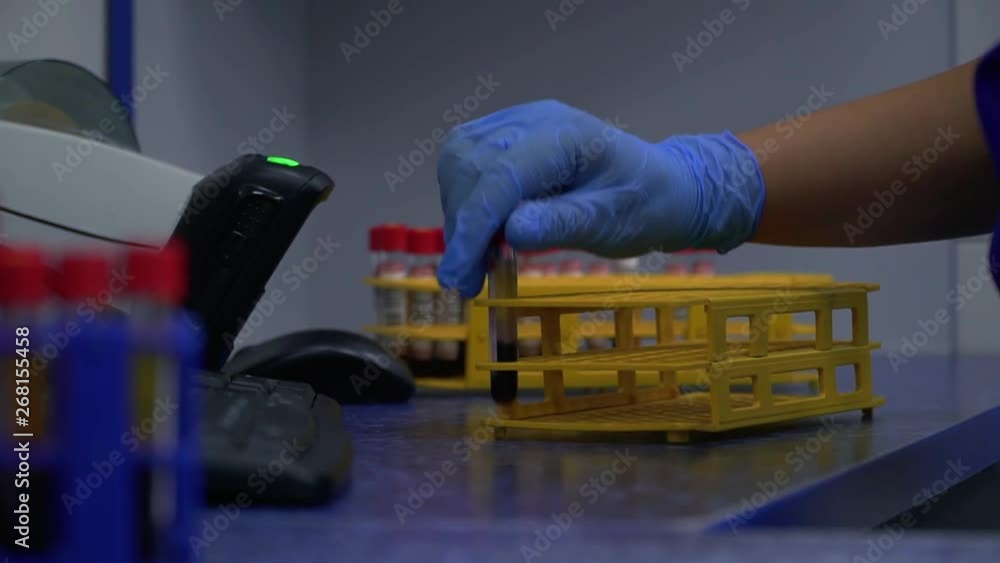 Female hands in blue rubber gloves scanning barcode and putting the ...