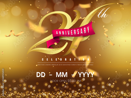 24 years anniversary logo template on gold background. 24th celebrating golden numbers with red ribbon vector and confetti isolated design elements