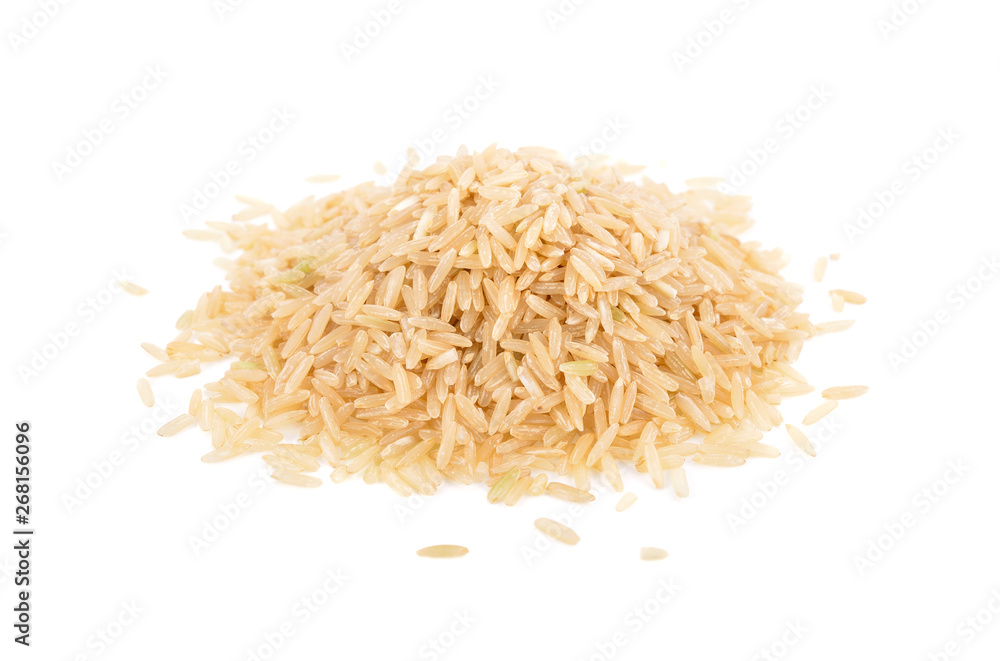 pile of organic brown jasmine rice on white background