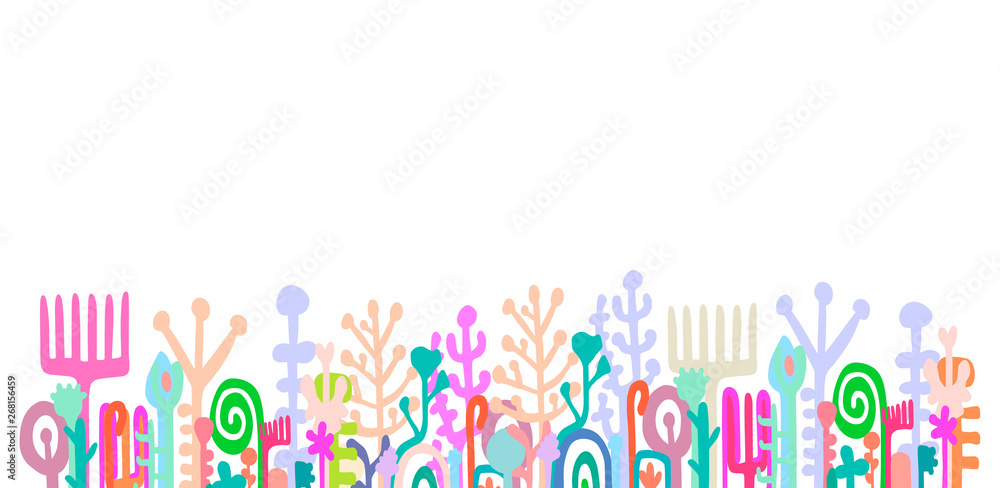Colorful pastel hand drawn background with herbal elements. Monsters creatures objects. Vector minimalism Colorful pastel hand drawn background with herbal elements. Monsters creatures objects. Vector minimalism