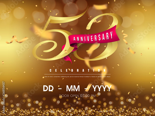 53 years anniversary logo template on gold background. 53rd celebrating golden numbers with red ribbon vector and confetti isolated design elements
