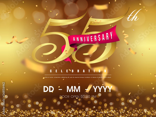 55 years anniversary logo template on gold background. 55th celebrating golden numbers with red ribbon vector and confetti isolated design elements