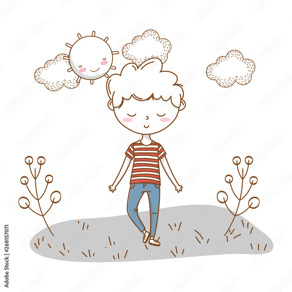 Stylish boy cartoon outfit nature clouds background Stock Vector | Adobe  Stock