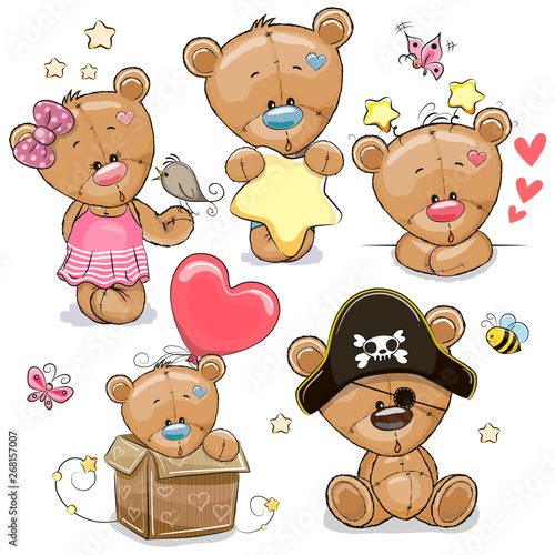 Set of Cartoon Teddy Bears on a white background