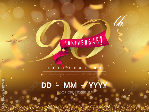 90 years anniversary logo template on gold background. 90th celebrating golden numbers with red ribbon vector and confetti isolated design elements