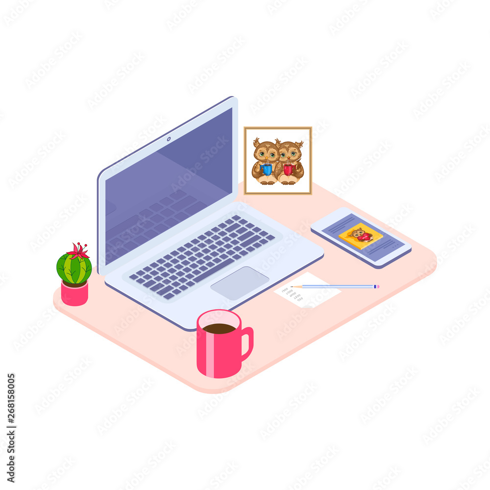 cute isometric workspace. vector illustration cute isometric workspace. vector illustration