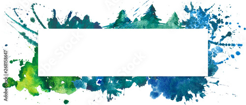 Hand drawn watercolor illustration of colorful splashes. Creative decorative graphic frame plate. Isolated on white background. Place for text or logo.