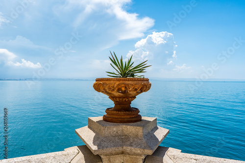 Beautiful balcony looking at the sea in summer from Miramare castle in Trieste Italy photo