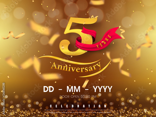 5 years anniversary logo template on gold background. 5th celebrating golden numbers with red ribbon vector and confetti isolated design elements