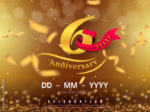 6 years anniversary logo template on gold background. 6th celebrating golden numbers with red ribbon vector and confetti isolated design elements