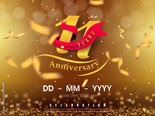 11 years anniversary logo template on gold background. 11th celebrating golden numbers with red ribbon vector and confetti isolated design elements