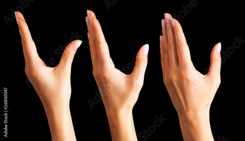 Set of women's hands taking or showing something