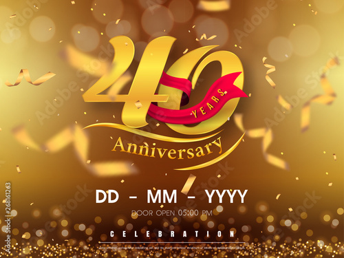 40 years anniversary logo template on gold background. 40th celebrating golden numbers with red ribbon vector and confetti isolated design elements
