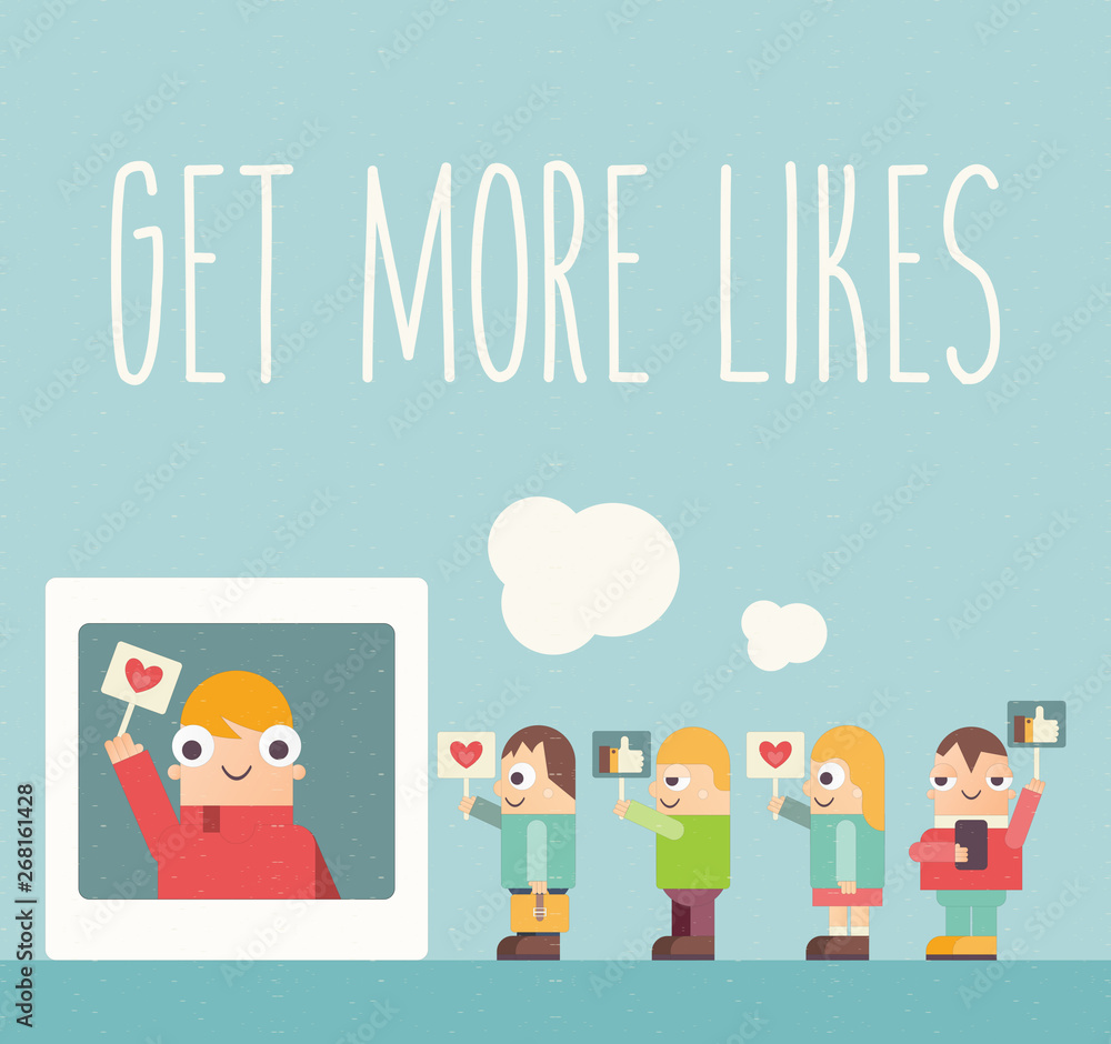 Social Media Poster with Text Get More Likes. Funny People Using Smartphone for Follow the Trend and Social Networking. Vector Illustration. Cartoon Retro Design. Social Media Poster with Text Get More Likes. Funny People Using Smartphone for Follow the Trend and Social Networking. Vector Illustration. Cartoon Retro Design.