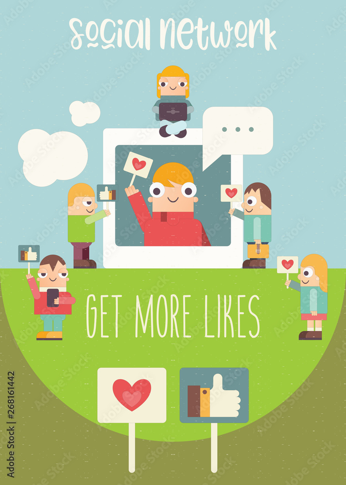 Retro Poster of Social Media with Text Get More Likes. Funny People Using Smartphone and Laptop for Follow the Trend and Social Networking. Vector Illustration. Cartoon Design.