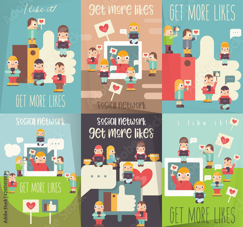 Social Media Posters Set. I like it Concept. Cartoon Small Funny People Using Mobile Gadgets - Laptops and Smartphones. Social Networking and Blogging Vector Illustration. Retro Design. © elfivetrov