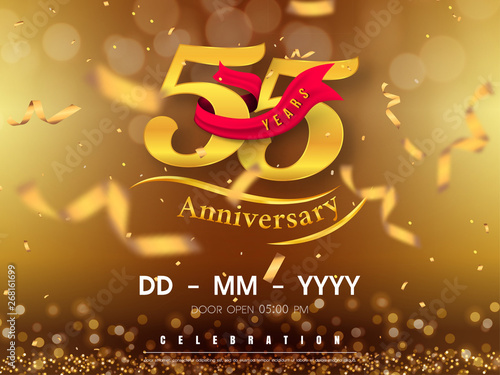 55 years anniversary logo template on gold background. 55th celebrating golden numbers with red ribbon vector and confetti isolated design elements