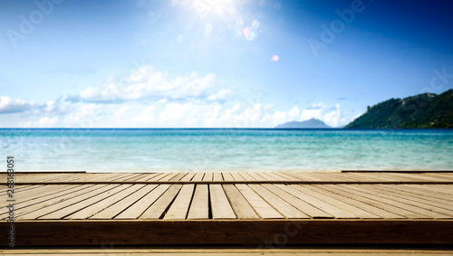 Wooden pier of  free space for your decoration and summer sunny day. Free space for your decoration. 