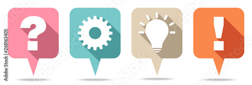 Sprechblasen Frage, Arbeit, Idee & Antwort Retrofarben