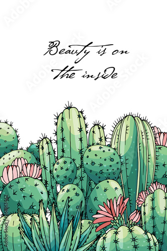 Poster with ornament hand drawn colored lettering, cacti and succulents