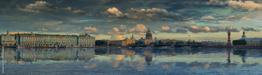 Large-format panorama of St. Petersburg and the Neva river against the picturesque sky