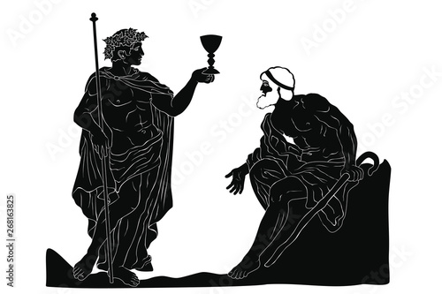 The ancient Greek god of wine Dionysus with a glass in his hands and the old man with a staff engaged in a dialogue. Vector image isolated on white background.